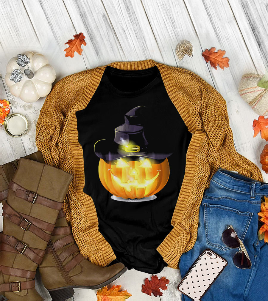 Halloween Horror Pumpkin Witch Hat Glowing Face T-Shirt