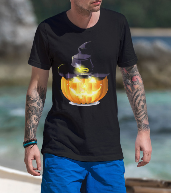Halloween Horror Pumpkin Witch Hat Glowing Face T-Shirt