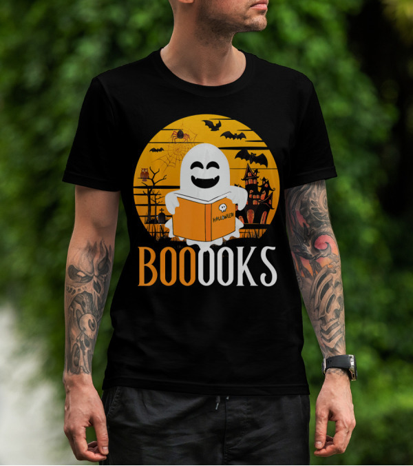 Halloween Ghost Reading Booooks In Spooky Setting With Funny Teacher T-Shirt