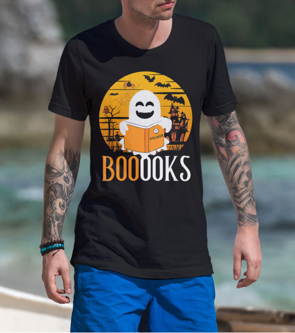 Halloween Ghost Reading Booooks In Spooky Setting With Funny Teacher T-Shirt