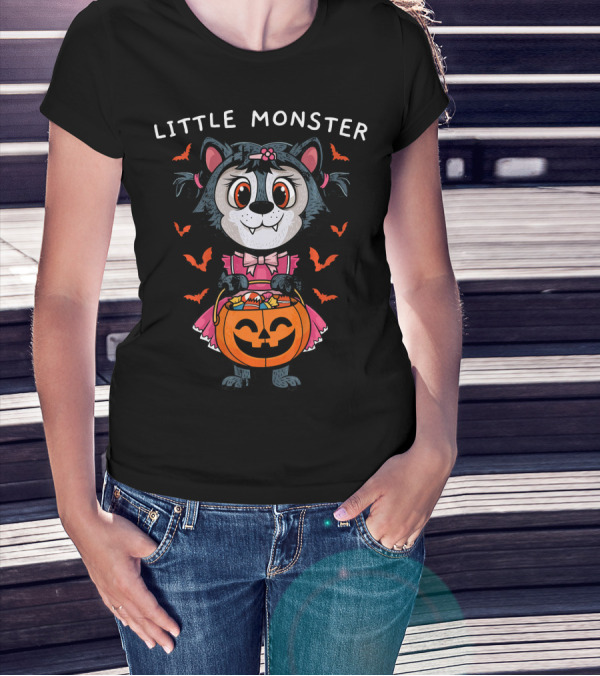 Little Monster Halloween Werewolf With Pumpkin Candy T-Shirt