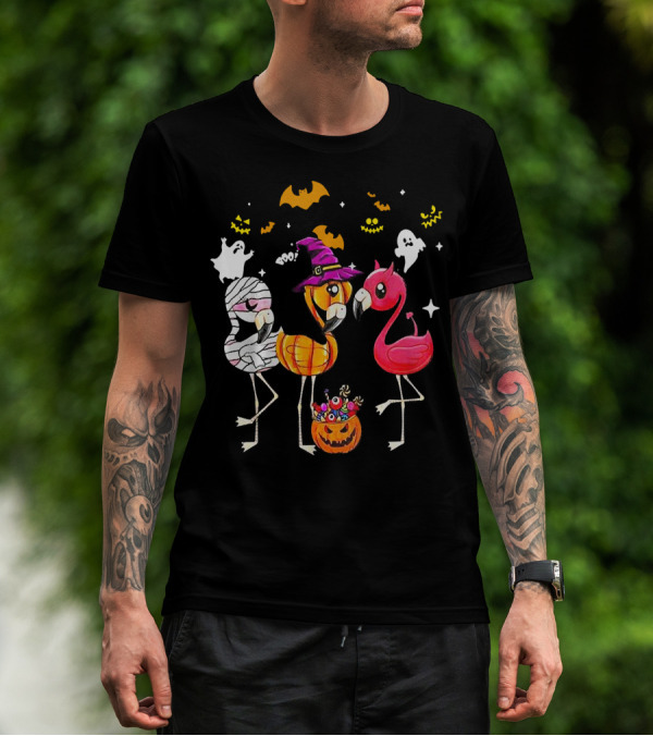 Flamingo Halloween Candy Witch Ghost Bats Pumpkin T-Shirt
