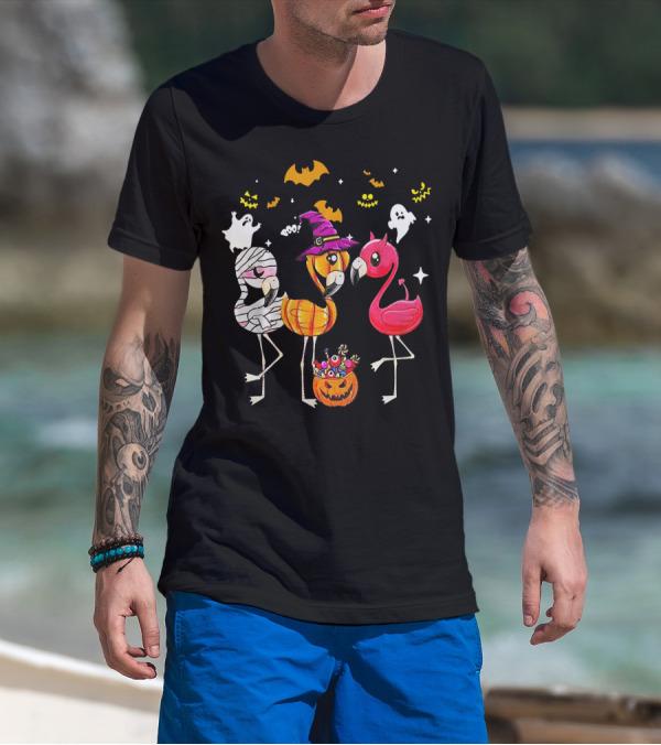 Flamingo Halloween Candy Witch Ghost Bats Pumpkin T-Shirt