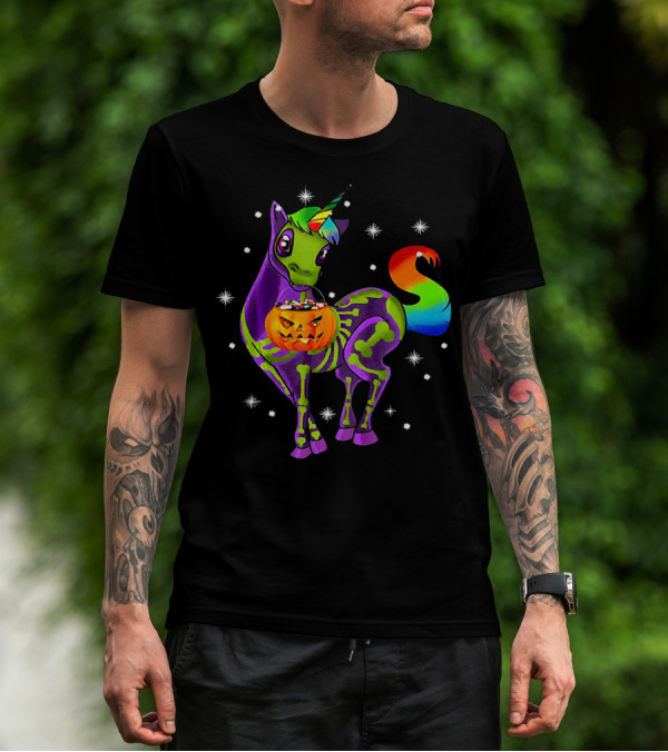 Unicorn Skeleton Pumpkin Rainbow Halloween Magic T-Shirt
