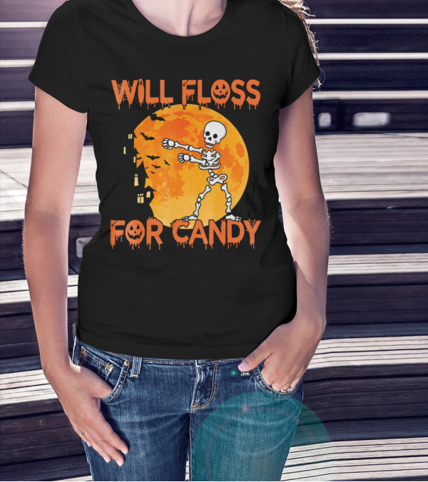 Will Floss For Candy Dancing Skeleton Halloween Moon Bats T-Shirt