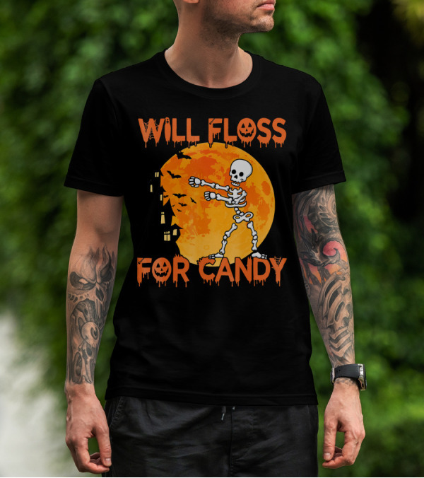 Will Floss For Candy Dancing Skeleton Halloween Moon Bats T-Shirt