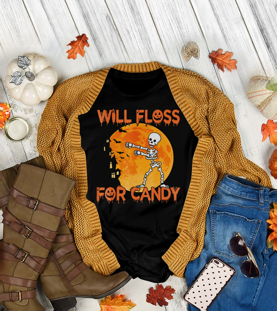 Will Floss For Candy Dancing Skeleton Halloween Moon Bats T-Shirt