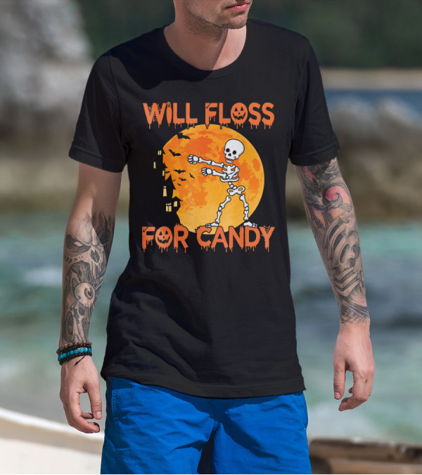 Will Floss For Candy Dancing Skeleton Halloween Moon Bats T-Shirt