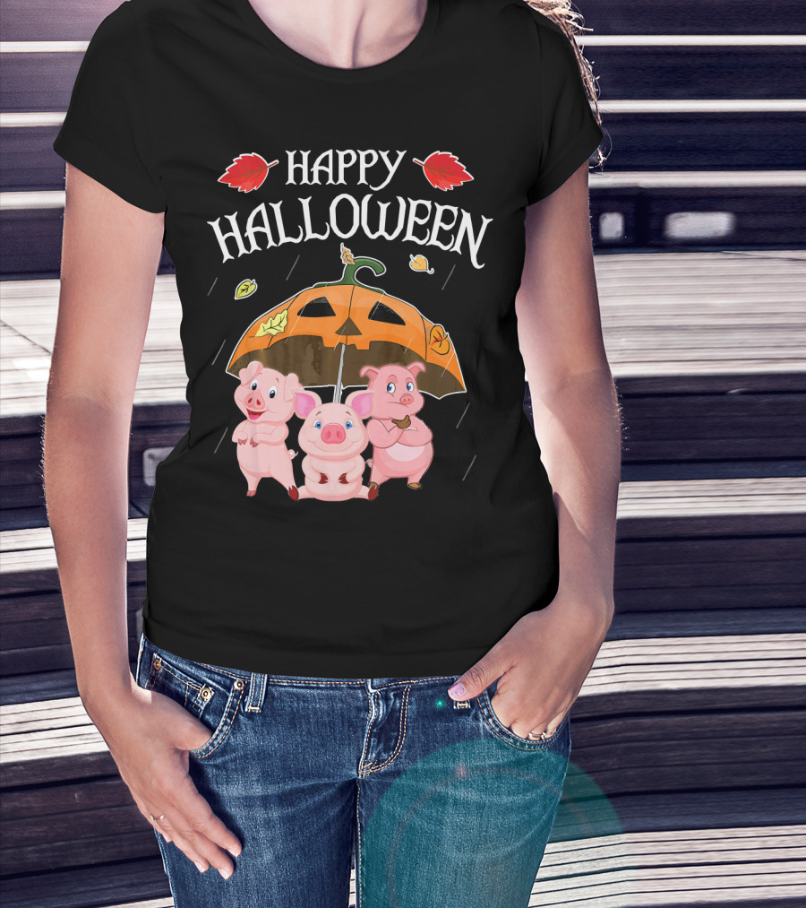Happy Halloween Pigs Under Jack-o'-Lantern Umbrella T-Shirt