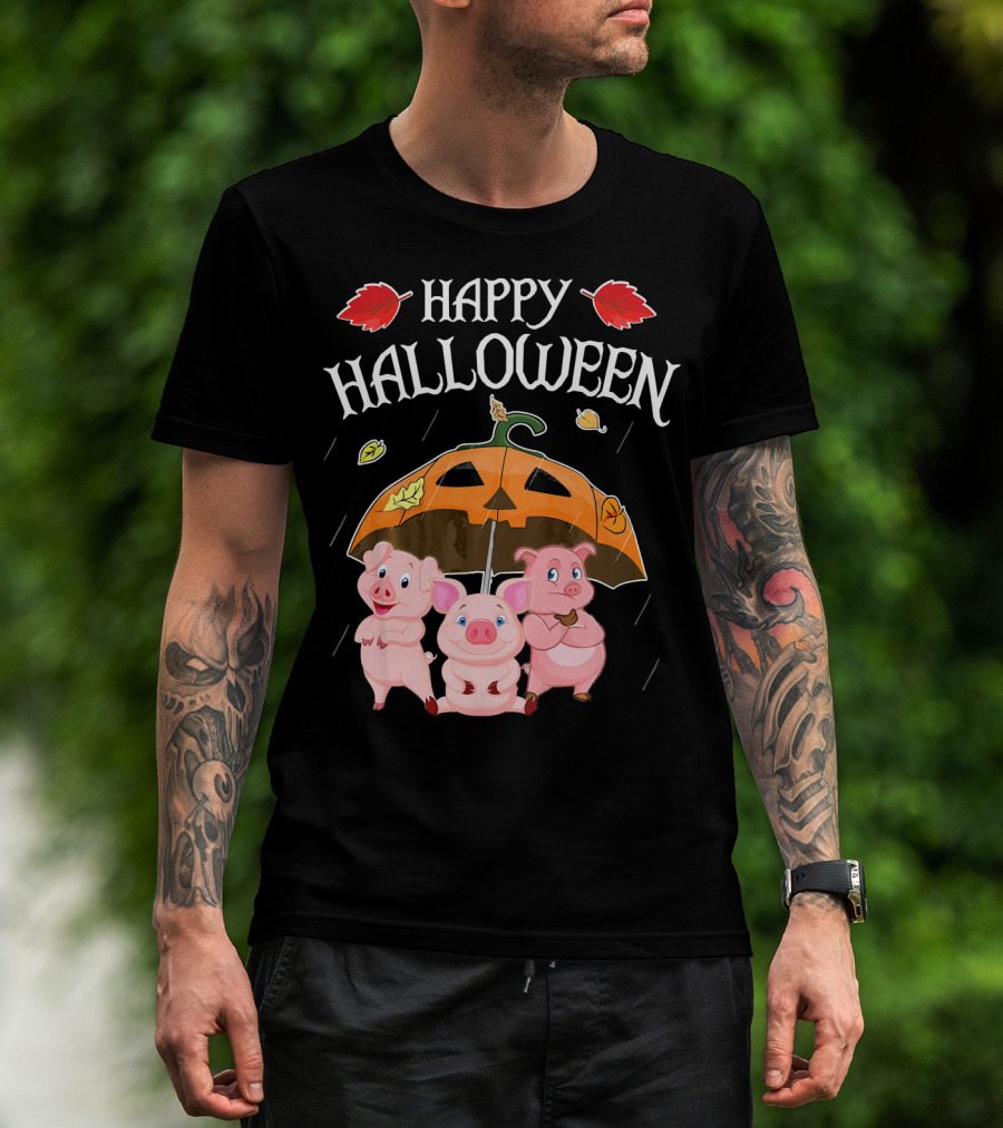 Happy Halloween Pigs Under Jack-o'-Lantern Umbrella T-Shirt