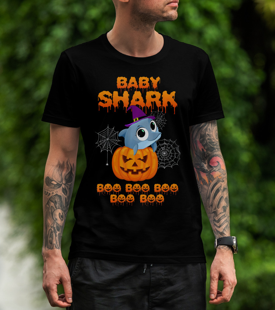 Baby Shark Halloween Boo Boo Boo Pumpkin Witch Hat Spider Webs T-Shirt