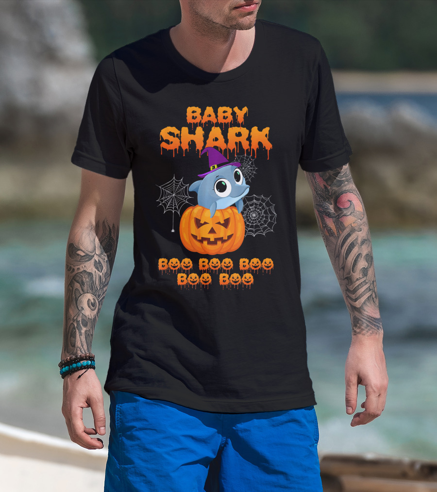 Baby Shark Halloween Boo Boo Boo Pumpkin Witch Hat Spider Webs T-Shirt