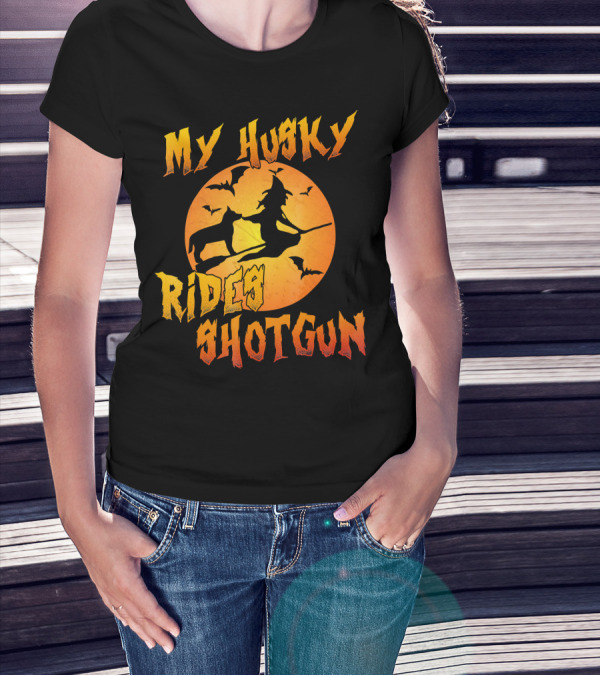 My Husky Rides Shotgun Halloween Witch Moon Bats T-Shirt