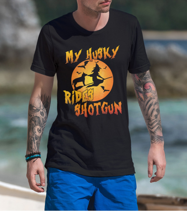 My Husky Rides Shotgun Halloween Witch Moon Bats T-Shirt