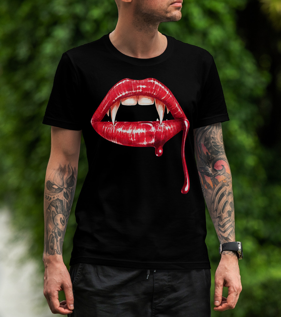 Awesome Vampire Fangs Lips With Blood Dripping Dracula T-Shirt