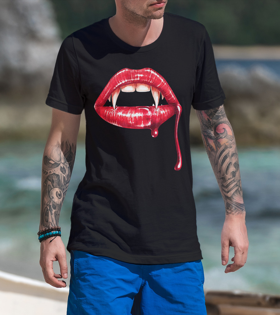 Awesome Vampire Fangs Lips With Blood Dripping Dracula T-Shirt