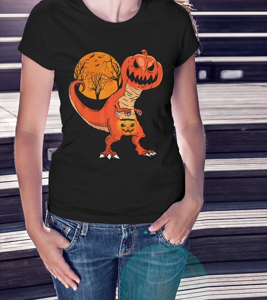 Funny Halloween Dinosaur Pumpkin Head Tree Shadow T-Shirt