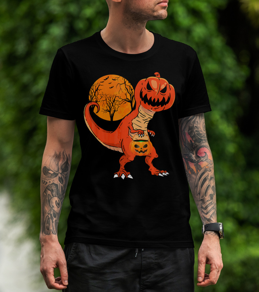 Funny Halloween Dinosaur Pumpkin Head Tree Shadow T-Shirt