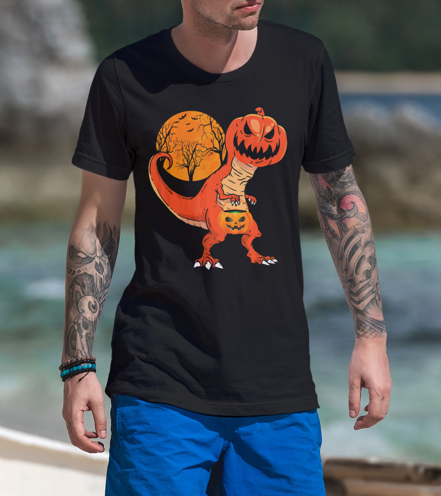 Funny Halloween Dinosaur Pumpkin Head Tree Shadow T-Shirt