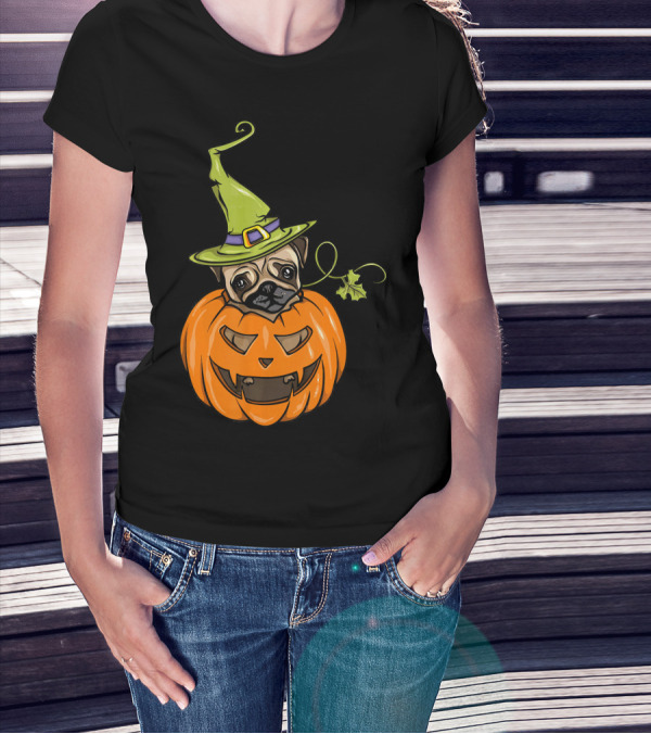 Pumpkin Pug Witch Halloween Costume Women T-Shirt