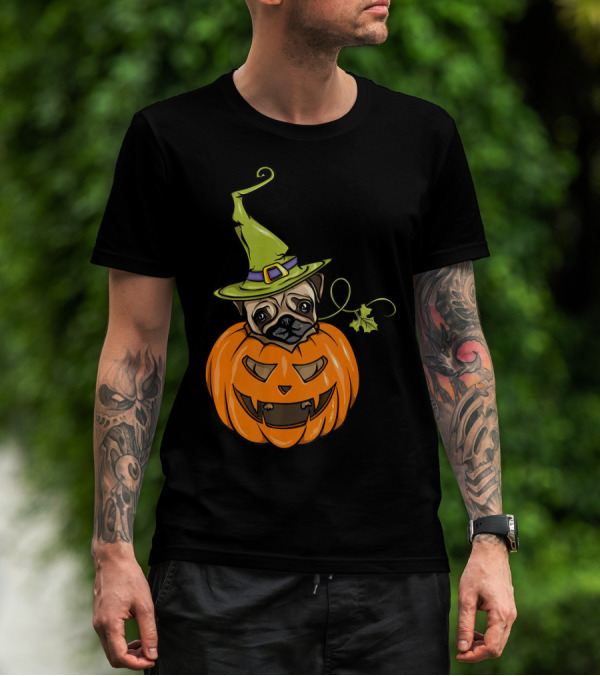 Pumpkin Pug Witch Halloween Costume Women T-Shirt