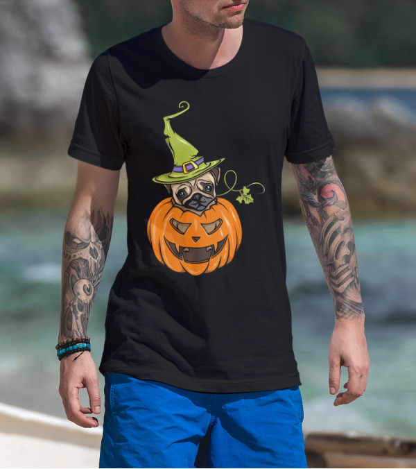 Pumpkin Pug Witch Halloween Costume Women T-Shirt
