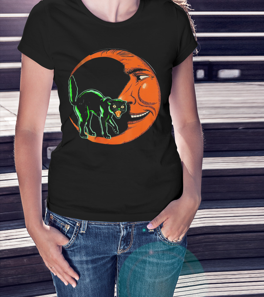 Vintage Halloween Beistle Cat On Crescent Moon T-Shirt
