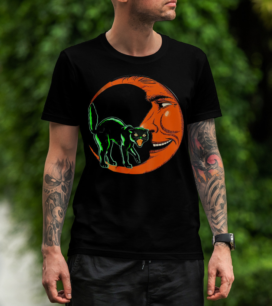 Vintage Halloween Beistle Cat On Crescent Moon T-Shirt