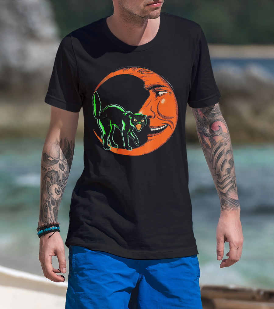 Vintage Halloween Beistle Cat On Crescent Moon T-Shirt