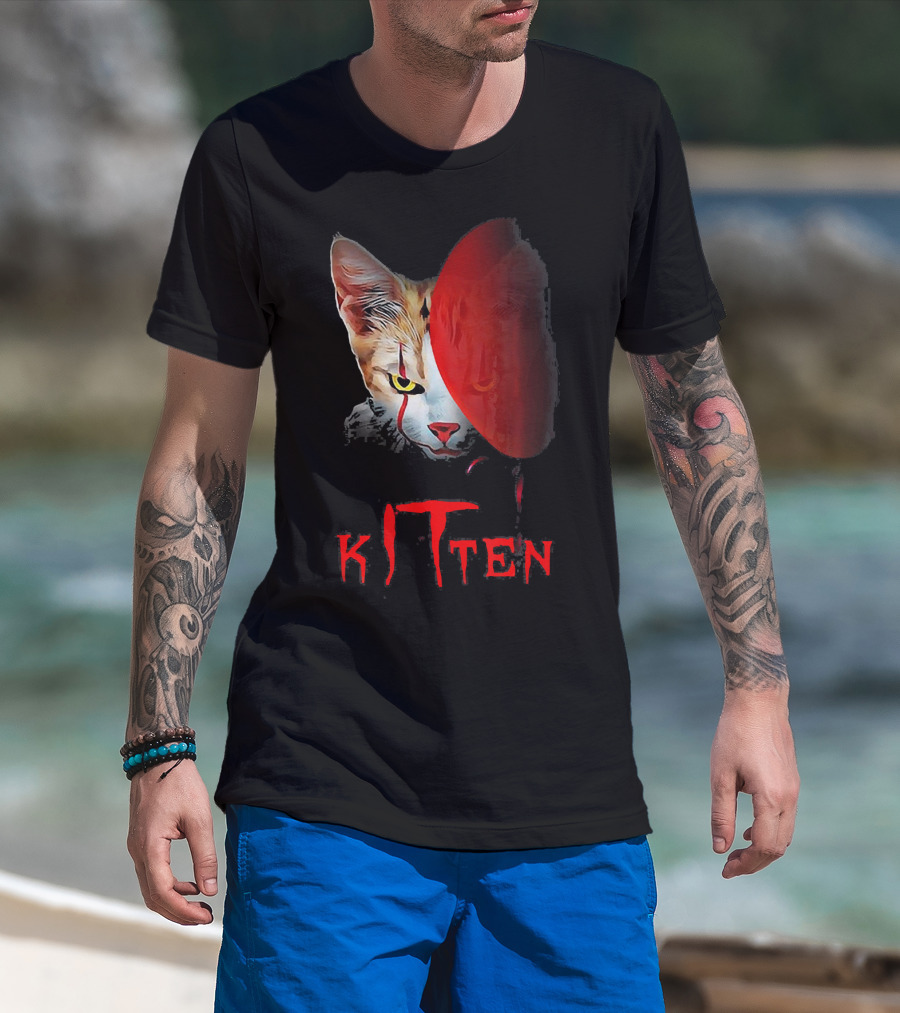 Kitten Cat Halloween Clown Red Balloon Horror T-Shirt