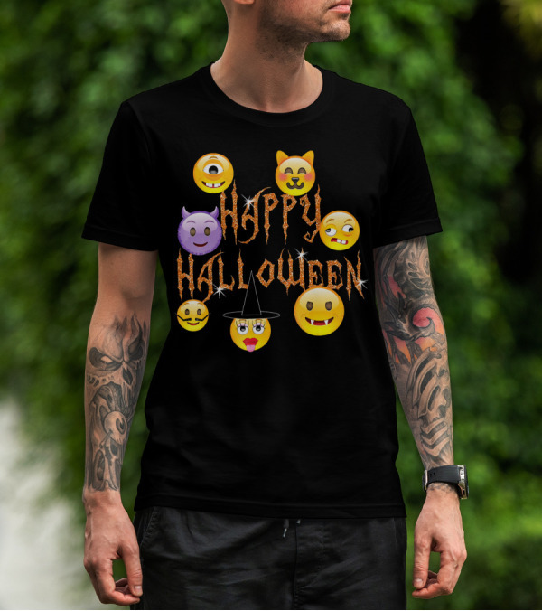 Happy Halloween Emoji Faces Devil Cat Vampire Witch Pumpkin Monster Cyclops T-Shirt