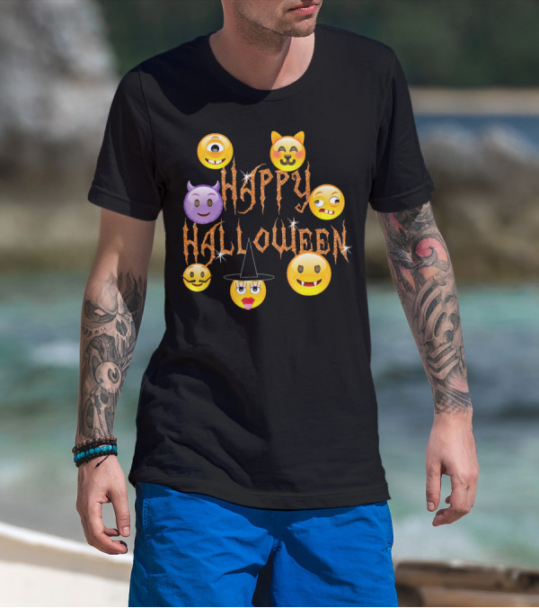 Happy Halloween Emoji Faces Devil Cat Vampire Witch Pumpkin Monster Cyclops T-Shirt