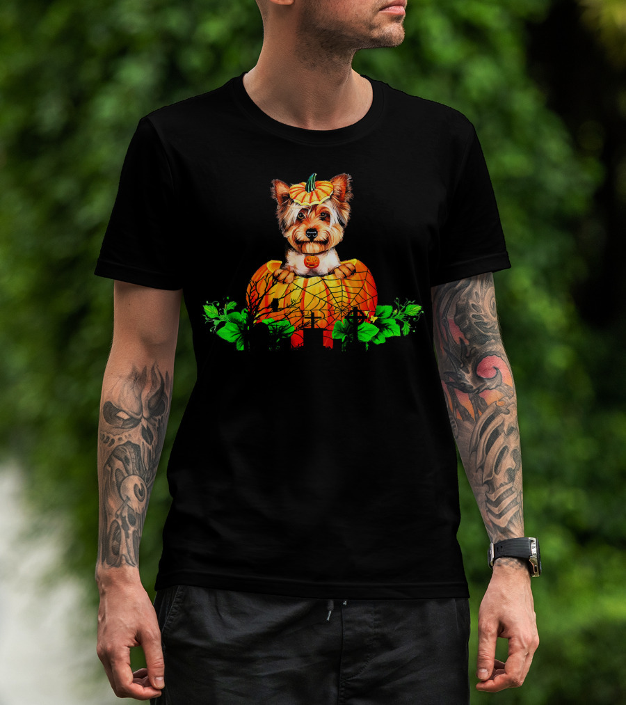Yorkie Puppy With Pumpkin And Green Leaves Halloween T-Shirt