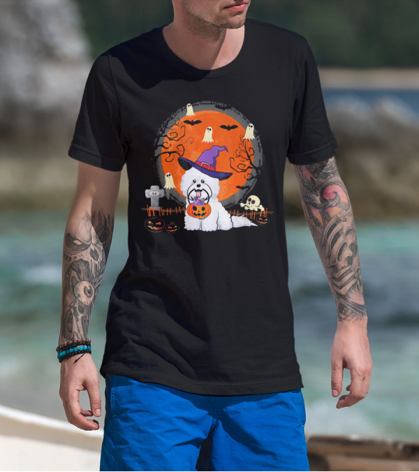 Bichon Frise Dog Witch Halloween Ghosts Jack-o'-Lantern T-Shirt