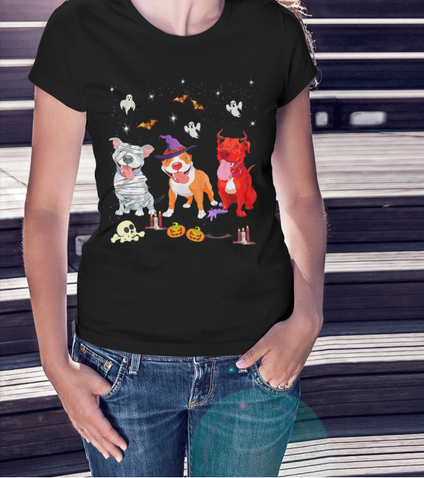 Three Pitbulls Halloween Ghosts Bats Pumpkins Candles Skulls Stars T-Shirt