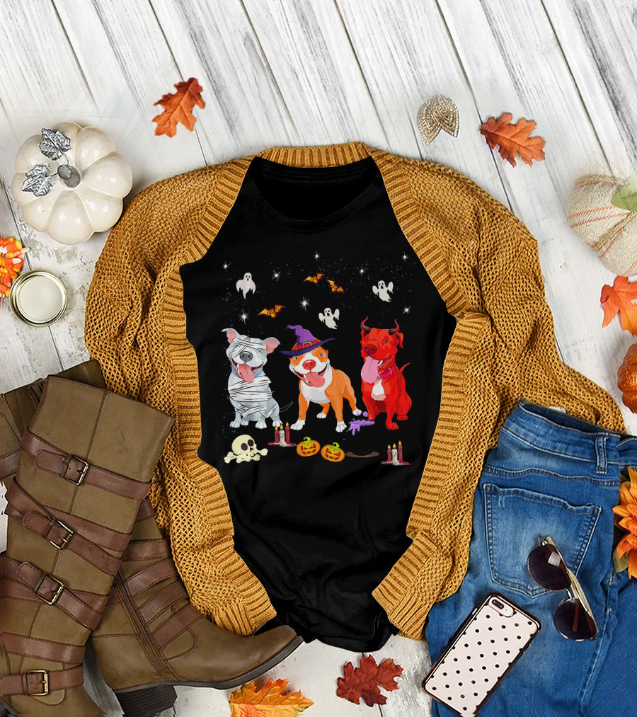 Three Pitbulls Halloween Ghosts Bats Pumpkins Candles Skulls Stars T-Shirt