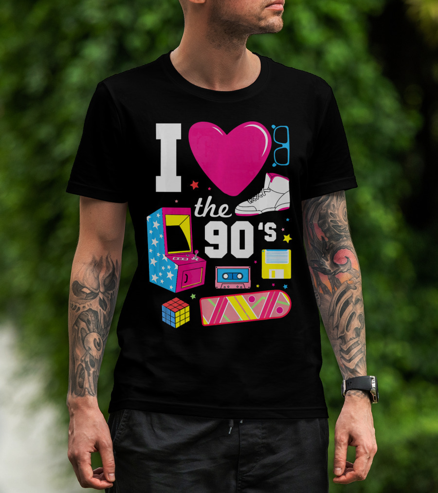 I Love The 90s Retro Arcade Cassette Sneaker Skateboard Rubik's Cube Floppy Disk T-Shirt