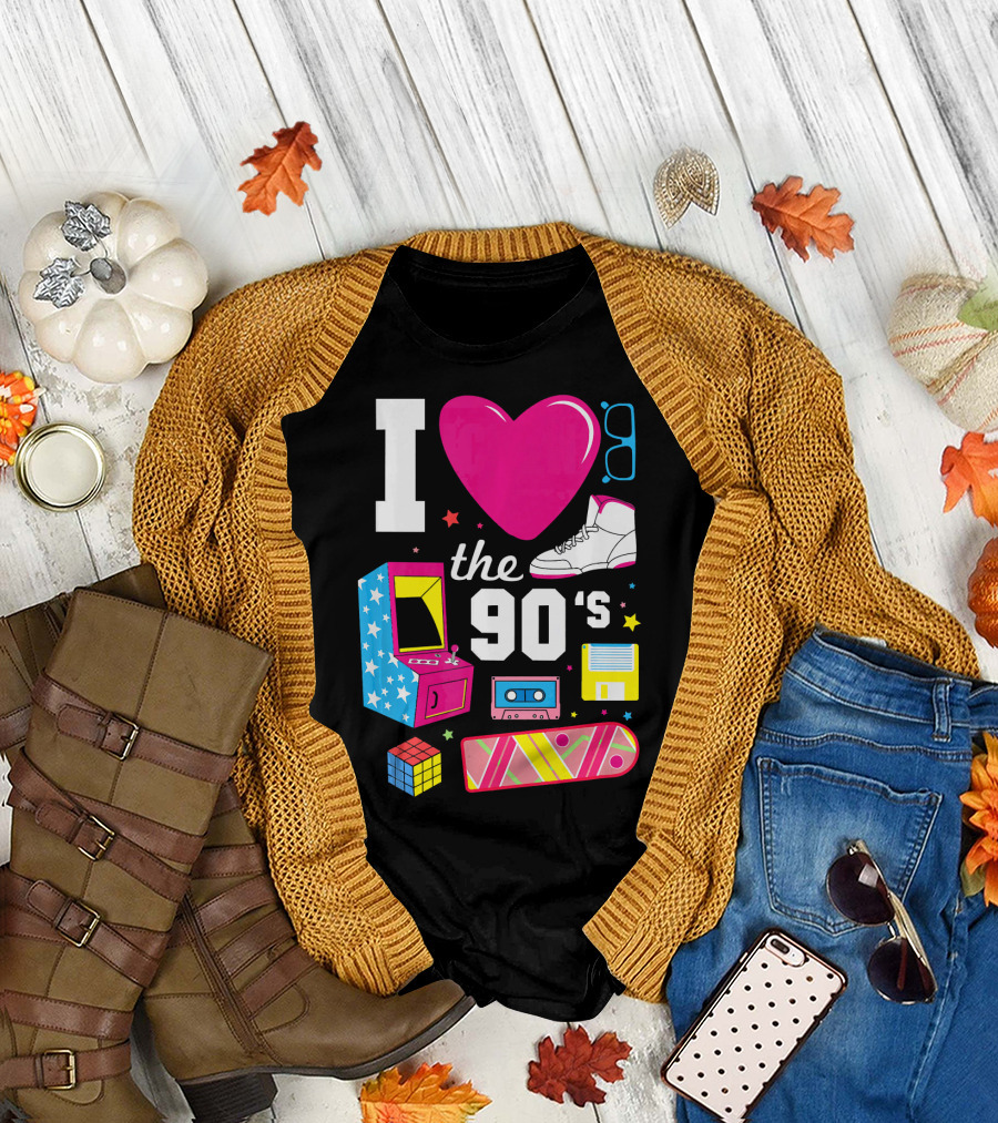 I Love the 90s Retro Arcade Cassette Sneaker Skateboard Rubik's Cube Floppy Disk T-Shirt