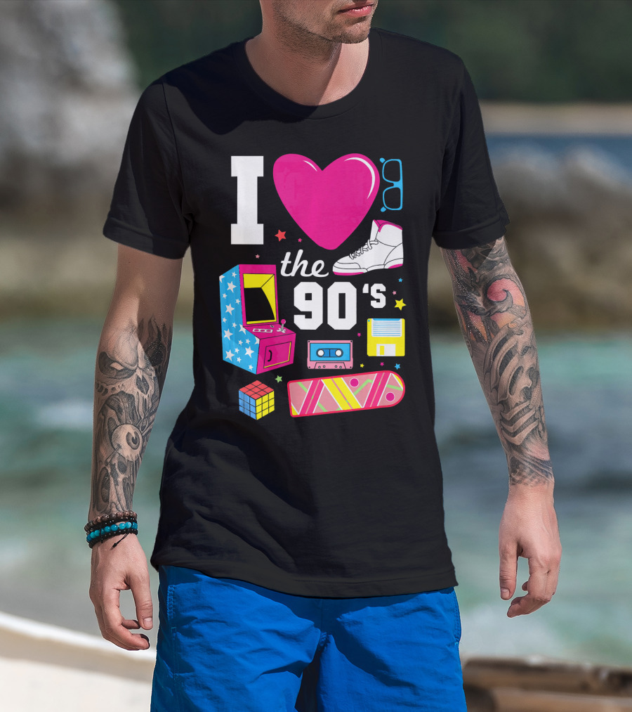 I Love The 90s Retro Arcade Cassette Sneaker Skateboard Rubik's Cube Floppy Disk T-Shirt