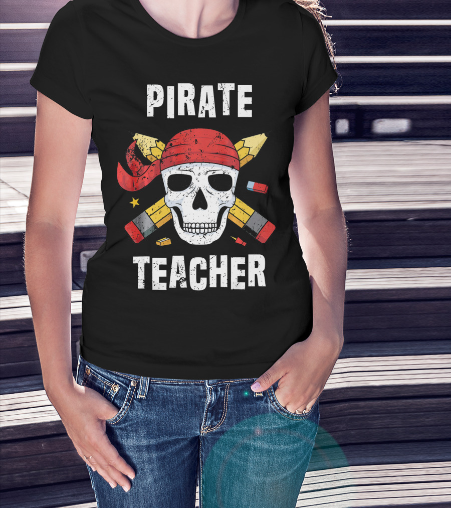 Pirate Teacher Skull With Pencils And Bandana T-Shirt