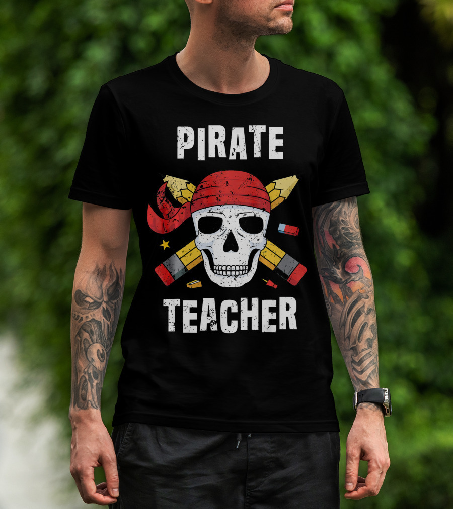 Pirate Teacher Skull With Pencils And Bandana T-Shirt