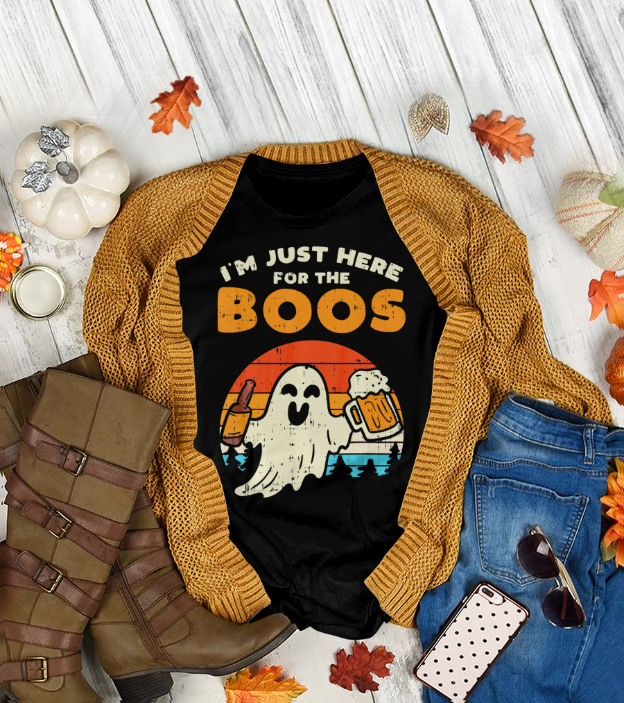 I'm Just Here For The Boos Retro Ghost with Drink and Bee T-Shirt