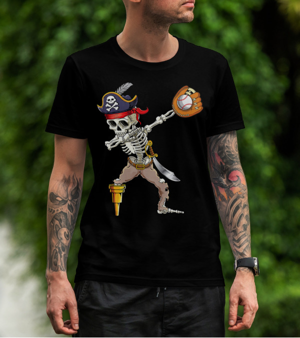 Pirate Skeleton Dabbing With Baseball Glove And Ball T-Shirt