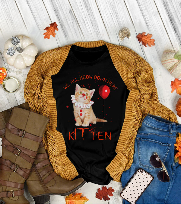We All Meow Down Here Clown Cat Kitten With Red Balloon T-Shirt