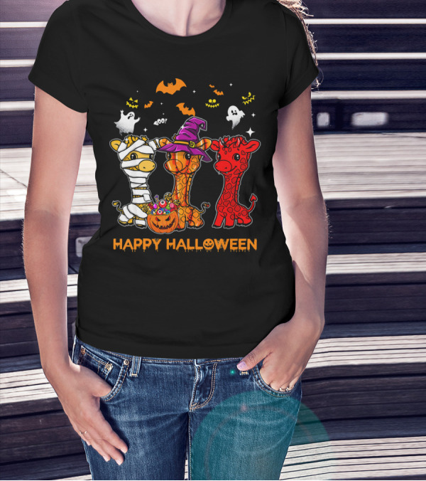 Giraffe Trio In Halloween Costumes With Ghosts And Pumpkin Candy Happy Halloween Cute Mum T-Shirt
