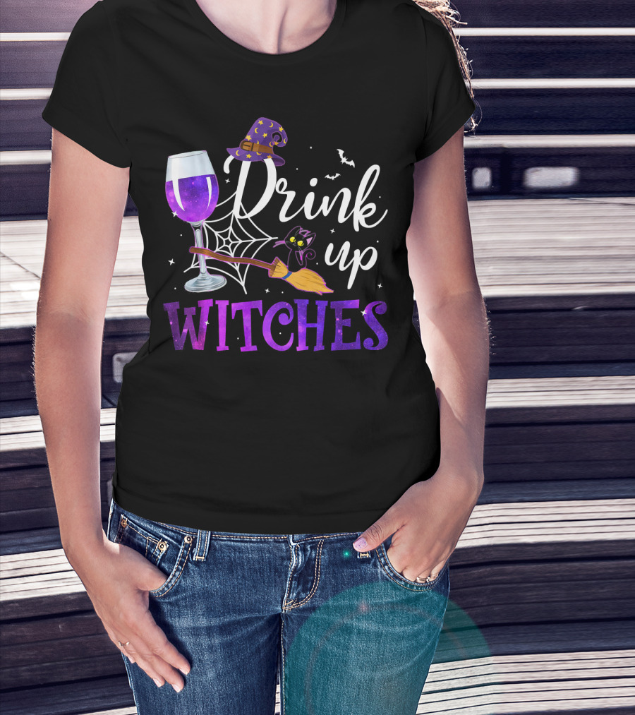Drink Up Witches Wine Glass Purple Cat Broomstick Halloween Magic T-Shirt