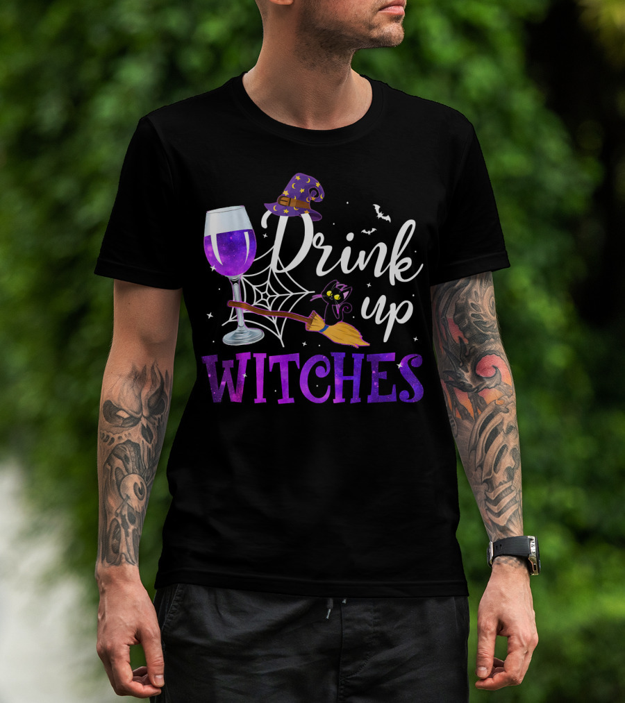 Drink Up Witches Wine Glass Purple Cat Broomstick Halloween Magic T-Shirt