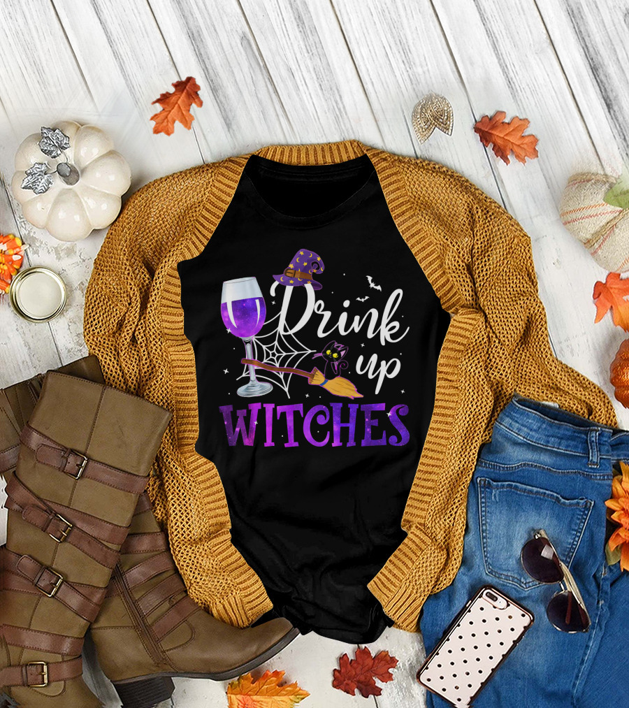 Drink Up Witches Wine Glass Purple Cat Broomstick Halloween Magic T-Shirt