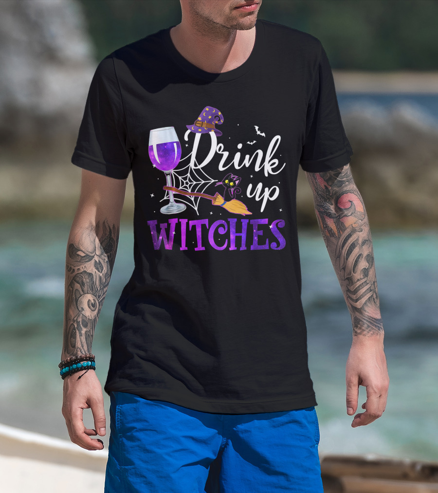 Drink Up Witches Wine Glass Purple Cat Broomstick Halloween Magic T-Shirt