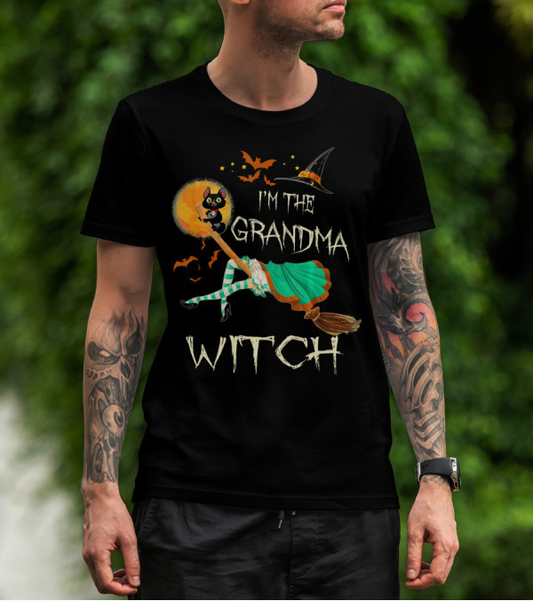 I'm The Grandma Witch Broomstick Flying Black Cat Halloween Bats T-Shirt